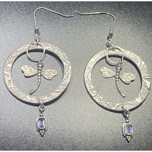 Large 925 Dragonfly Hoop Earrings Dangle Drop Amethyst Etched Fine Insect Unique - Picture 6 of 7